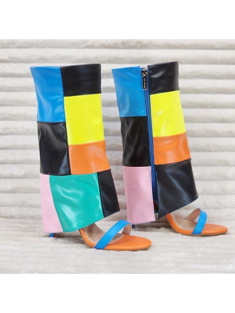 Paris Color Block Stiletto Fold Over Skirted Shootie Boot Sandals - Picture 10 of 15
